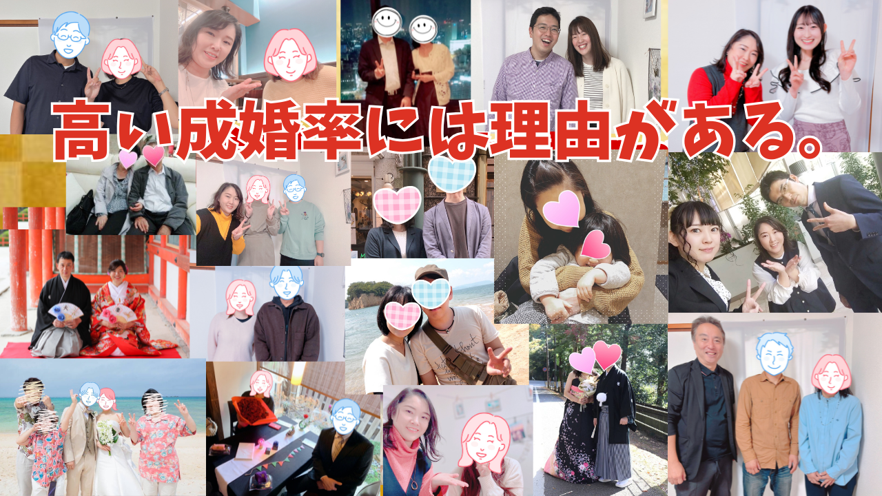 「高い成婚率には理由がある」の文字の背景に、これまで大阪結婚相談所ビリーブインユアセルフで成婚された方々のプライバシーに配慮した写真が並んでいる写真。